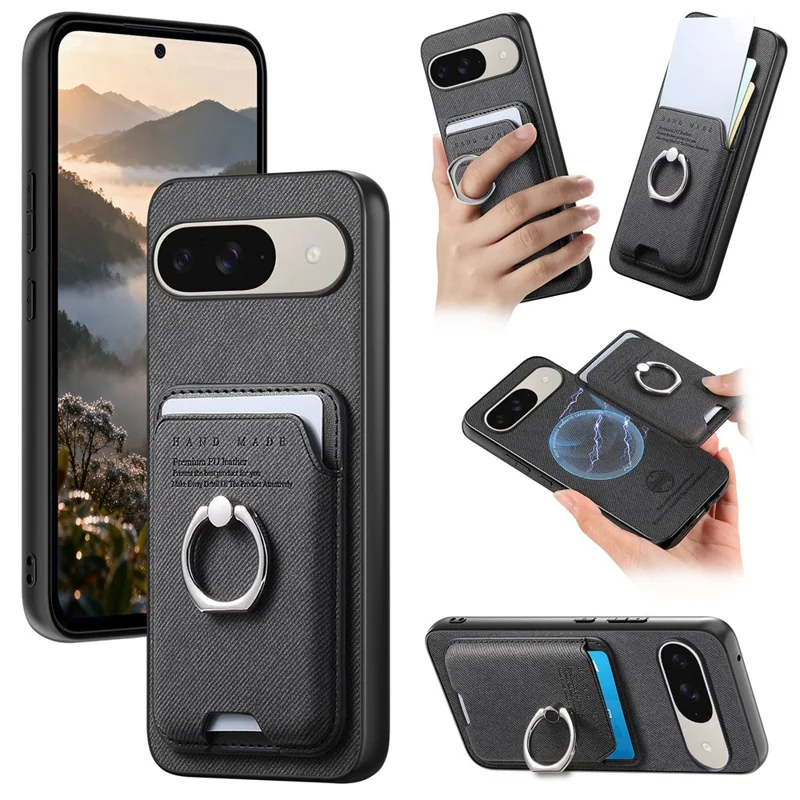 Phone Case For Google Pixel 9 Pro  /  Pixel 9 Cloth Texture  Leather + PC + TPU Phone Cover with Detachable Magnetic Ring Kickstand Card Holder - Black