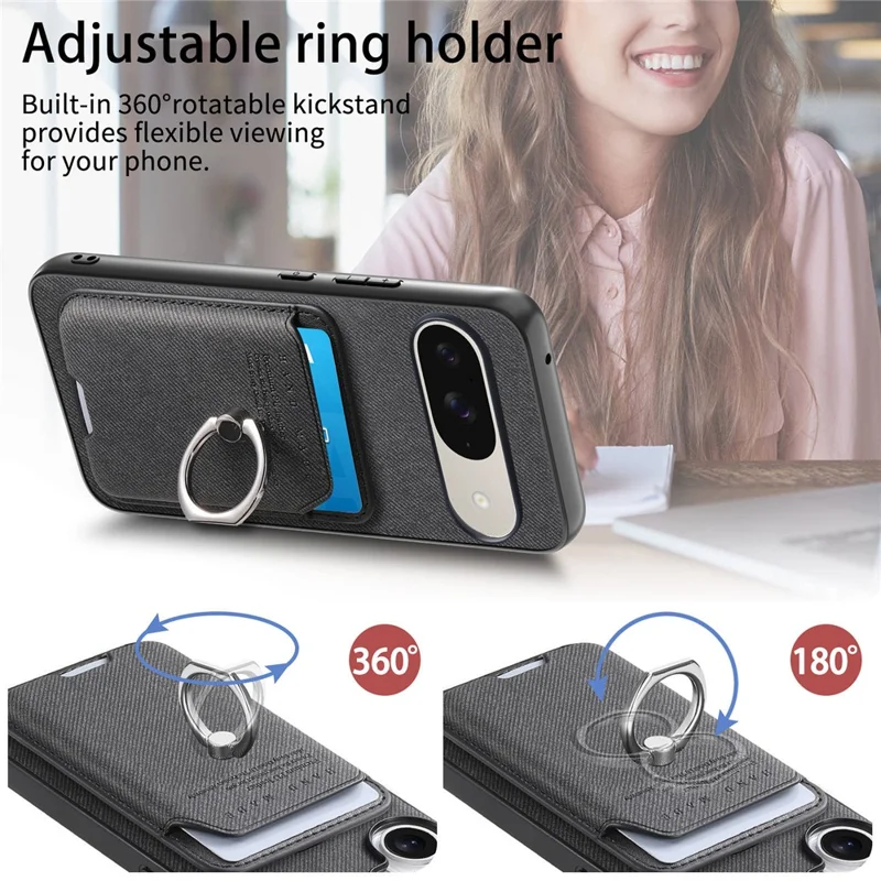 Phone Case For Google Pixel 9 Pro  /  Pixel 9 Cloth Texture  Leather + PC + TPU Phone Cover with Detachable Magnetic Ring Kickstand Card Holder - Black