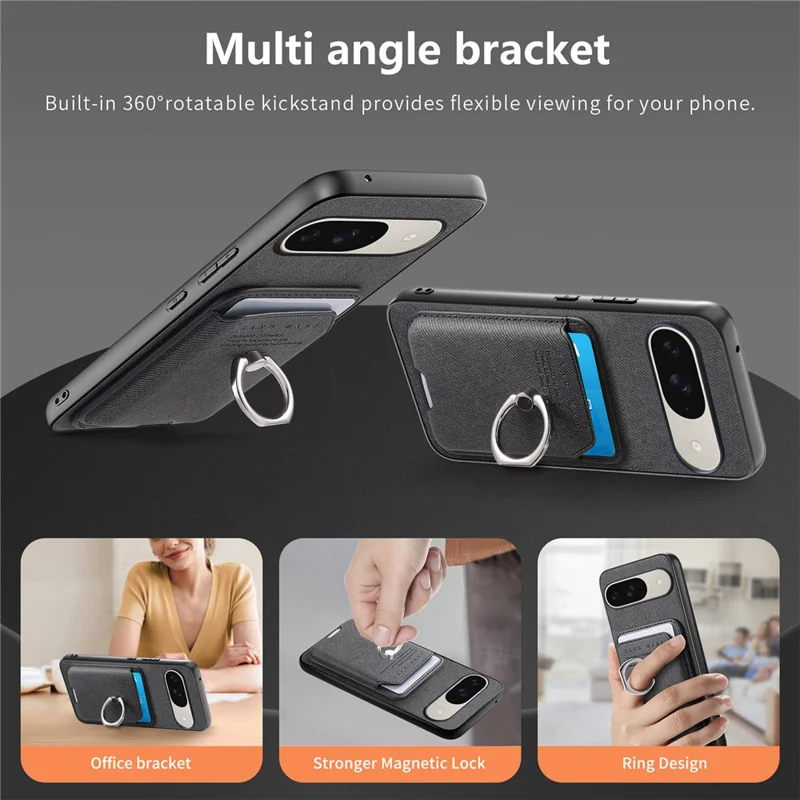 Phone Case For Google Pixel 9 Pro  /  Pixel 9 Cloth Texture  Leather + PC + TPU Phone Cover with Detachable Magnetic Ring Kickstand Card Holder - Black