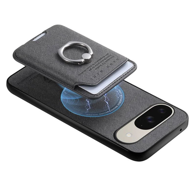 Phone Case For Google Pixel 9 Pro  /  Pixel 9 Cloth Texture  Leather + PC + TPU Phone Cover with Detachable Magnetic Ring Kickstand Card Holder - Black