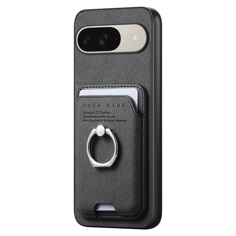 Phone Case For Google Pixel 9 Pro  /  Pixel 9 Cloth Texture  Leather + PC + TPU Phone Cover with Detachable Magnetic Ring Kickstand Card Holder - Black