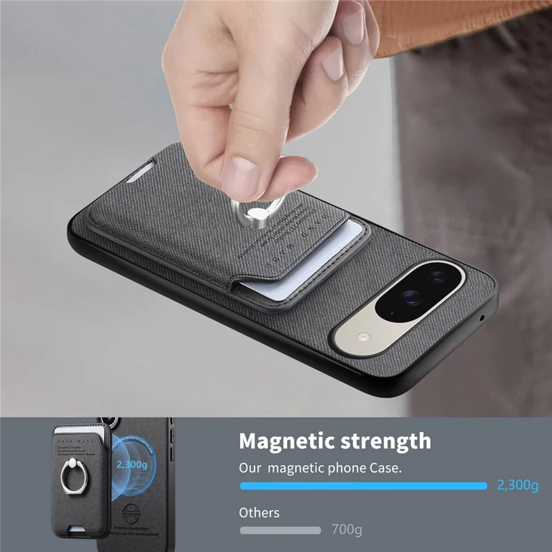 Phone Case For Google Pixel 9 Pro  /  Pixel 9 Cloth Texture  Leather + PC + TPU Phone Cover with Detachable Magnetic Ring Kickstand Card Holder - Black