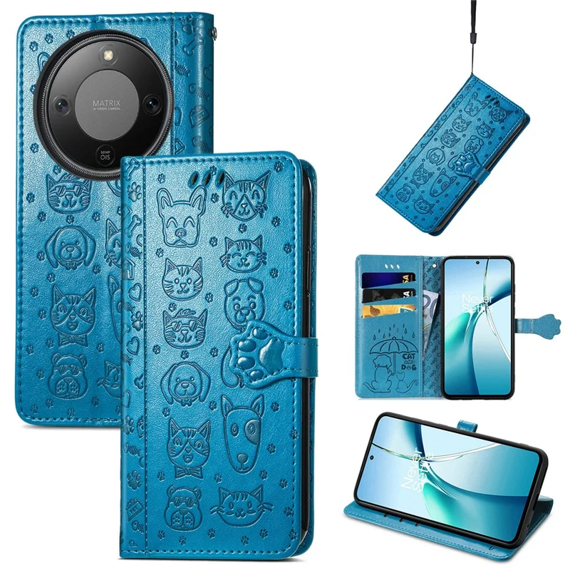 Phone Case For Honor Magic8 Lite 5G  /  X9d 5G  /  X70 5G Flip Wallet Leather Phone Cover with Cute Cat Dog Pattern - Blue