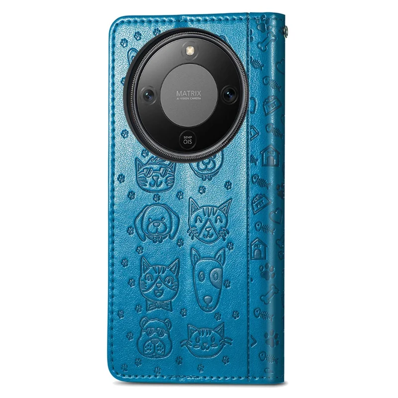 Phone Case For Honor Magic8 Lite 5G  /  X9d 5G  /  X70 5G Flip Wallet Leather Phone Cover with Cute Cat Dog Pattern - Blue