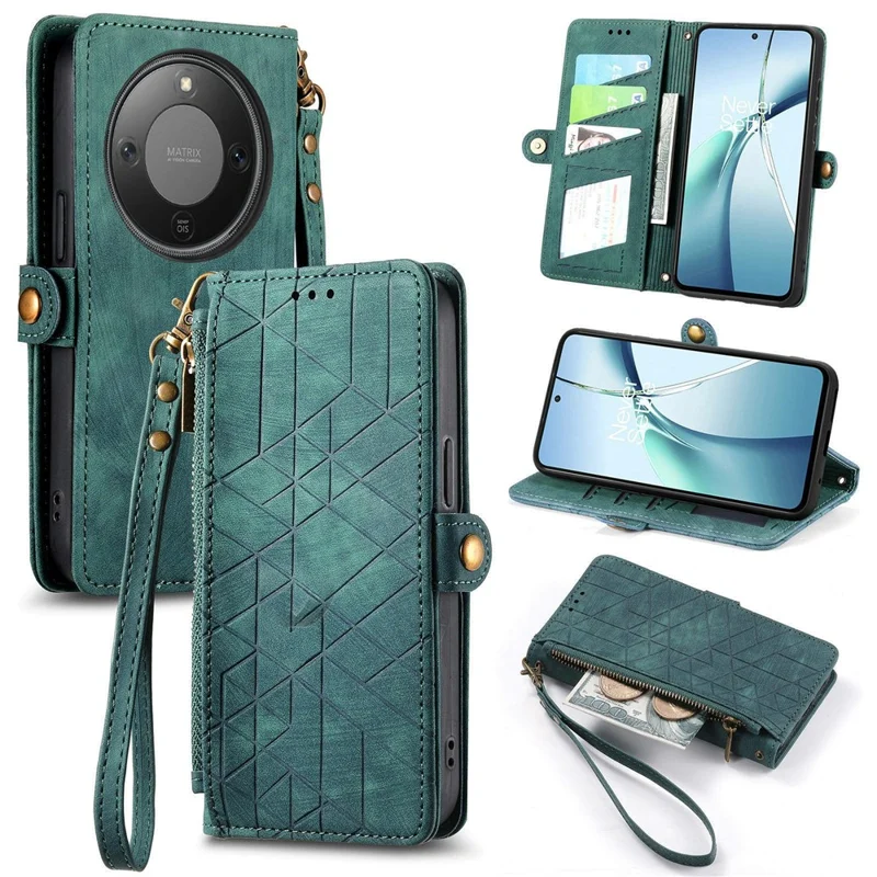 Phone Case For Honor Magic8 Lite 5G  /  X9d 5G  /  X70 5G Zipper Wallet Geometry Lines Leather Phone Cover with Strap - Green
