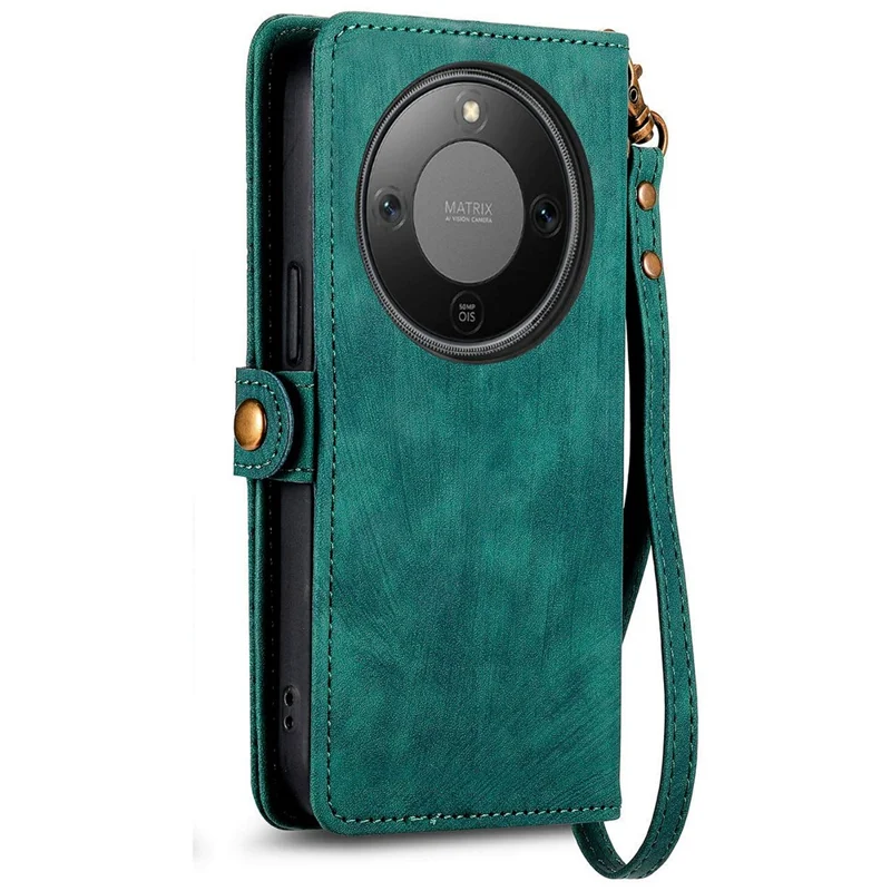 Phone Case For Honor Magic8 Lite 5G  /  X9d 5G  /  X70 5G Zipper Wallet Geometry Lines Leather Phone Cover with Strap - Green