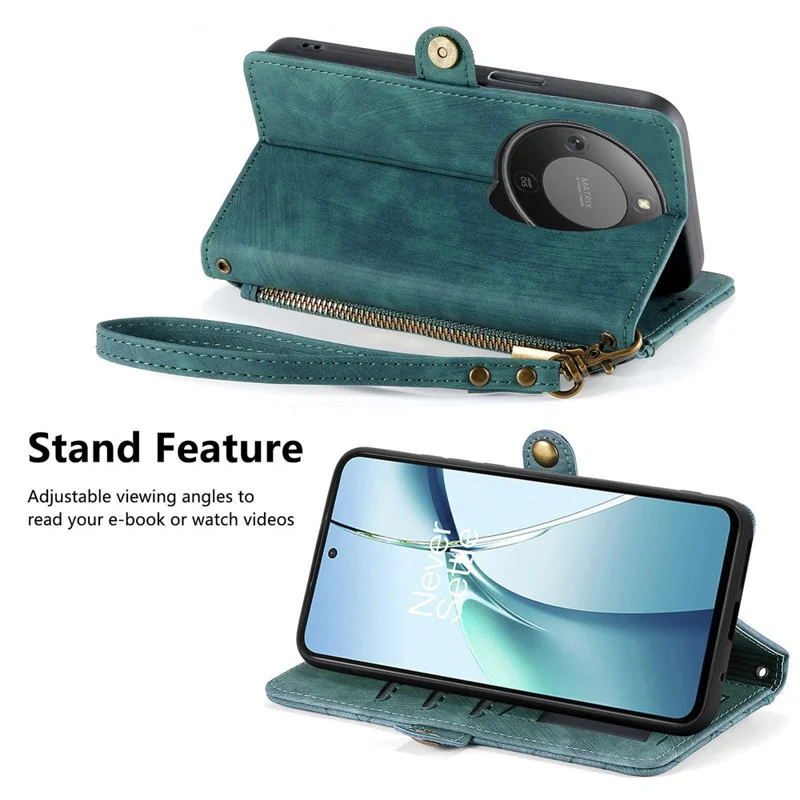 Phone Case For Honor Magic8 Lite 5G  /  X9d 5G  /  X70 5G Zipper Wallet Geometry Lines Leather Phone Cover with Strap - Green