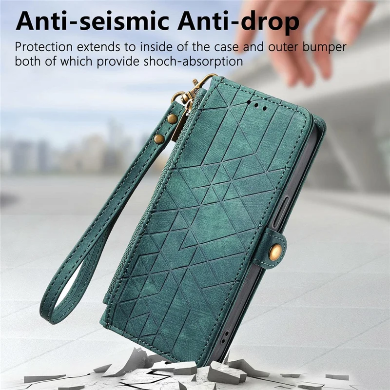 Phone Case For Honor Magic8 Lite 5G  /  X9d 5G  /  X70 5G Zipper Wallet Geometry Lines Leather Phone Cover with Strap - Green