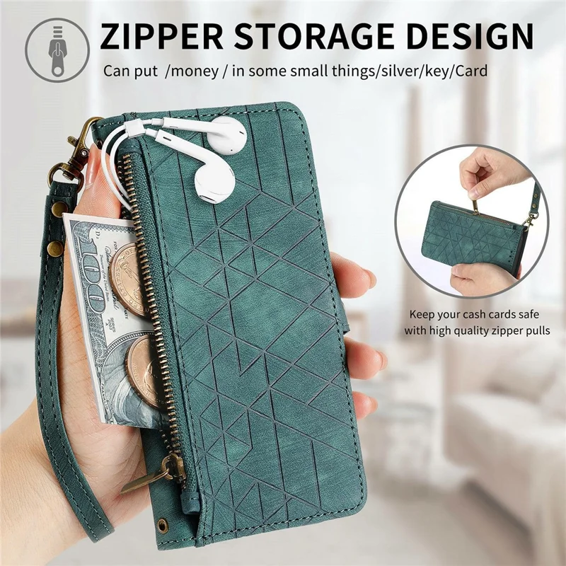 Phone Case For Honor Magic8 Lite 5G  /  X9d 5G  /  X70 5G Zipper Wallet Geometry Lines Leather Phone Cover with Strap - Green