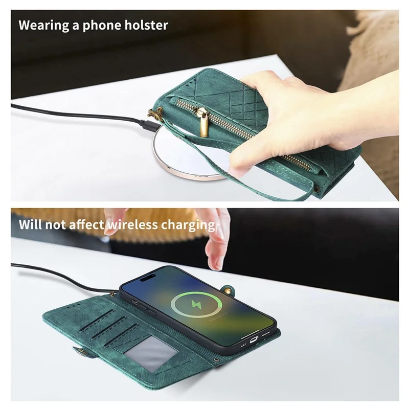 Phone Case For Honor Magic8 Lite 5G  /  X9d 5G  /  X70 5G Zipper Wallet Geometry Lines Leather Phone Cover with Strap - Green