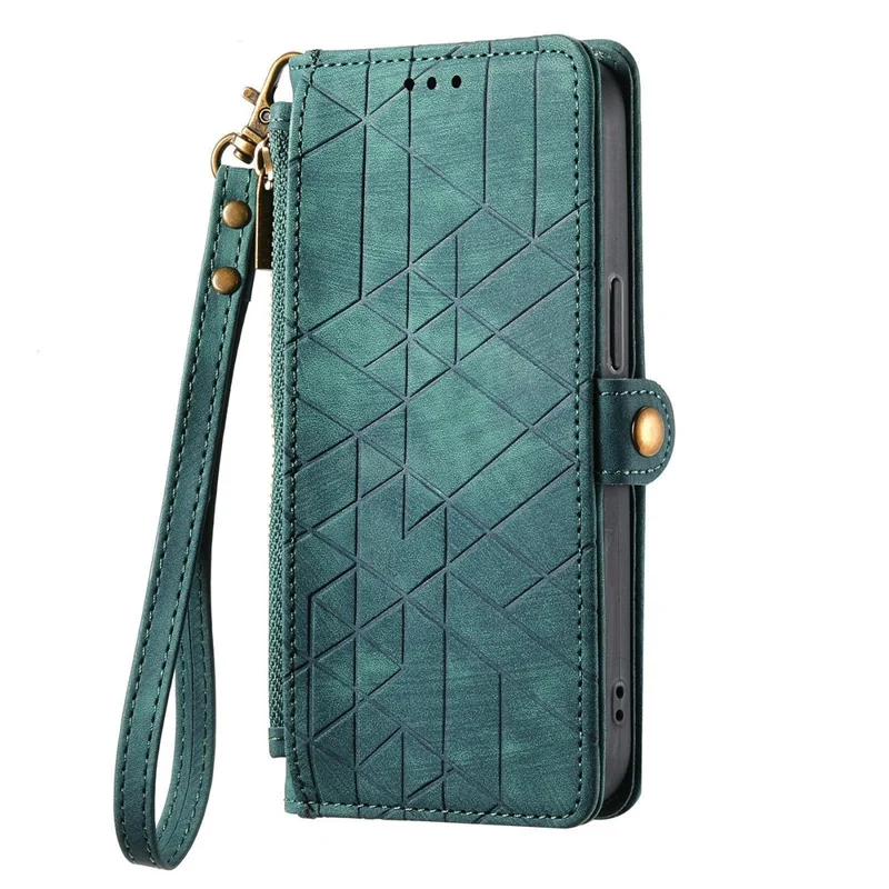 Phone Case For Honor Magic8 Lite 5G  /  X9d 5G  /  X70 5G Zipper Wallet Geometry Lines Leather Phone Cover with Strap - Green