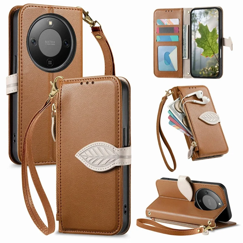 Stand Case For Honor Magic8 Lite 5G  /  X9d 5G  /  X70 5G Leaf Shape Magnetic Clasp Leather Phone Cover with Hand Strap - Brown