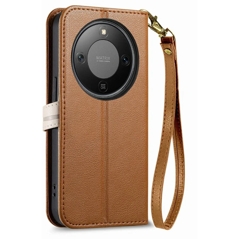 Stand Case For Honor Magic8 Lite 5G  /  X9d 5G  /  X70 5G Leaf Shape Magnetic Clasp Leather Phone Cover with Hand Strap - Brown