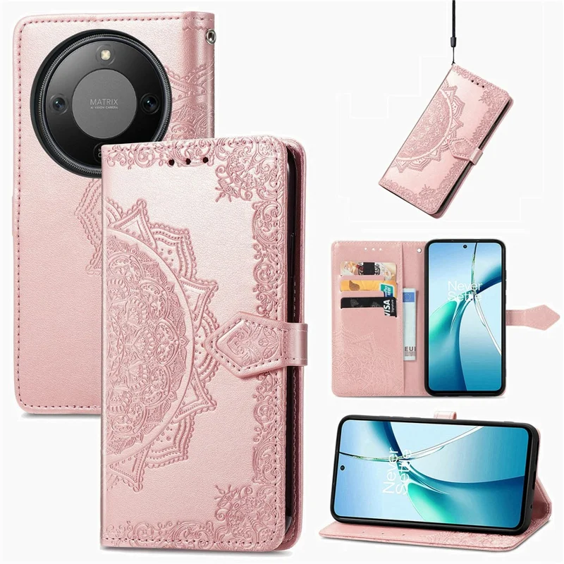 Wallet Case For Honor Magic8 Lite 5G  /  X9d 5G  /  X70 5G Mandala Flower Leather Phone Cover Stand - Rose Gold