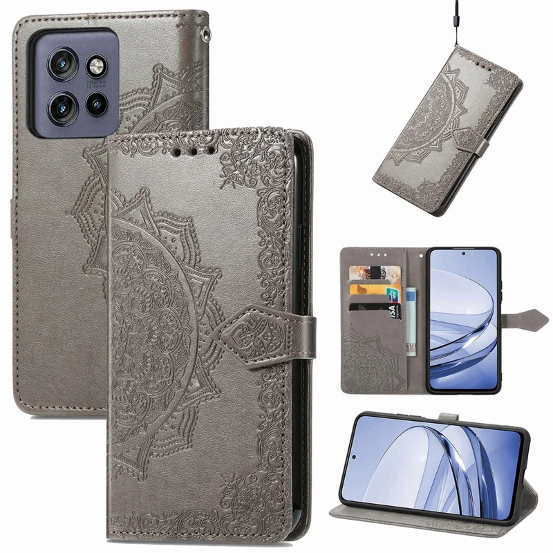 For Motorola Edge 60 Neo 5G Wallet Case Mandala Flower Leather Phone Cover Stand - Grey