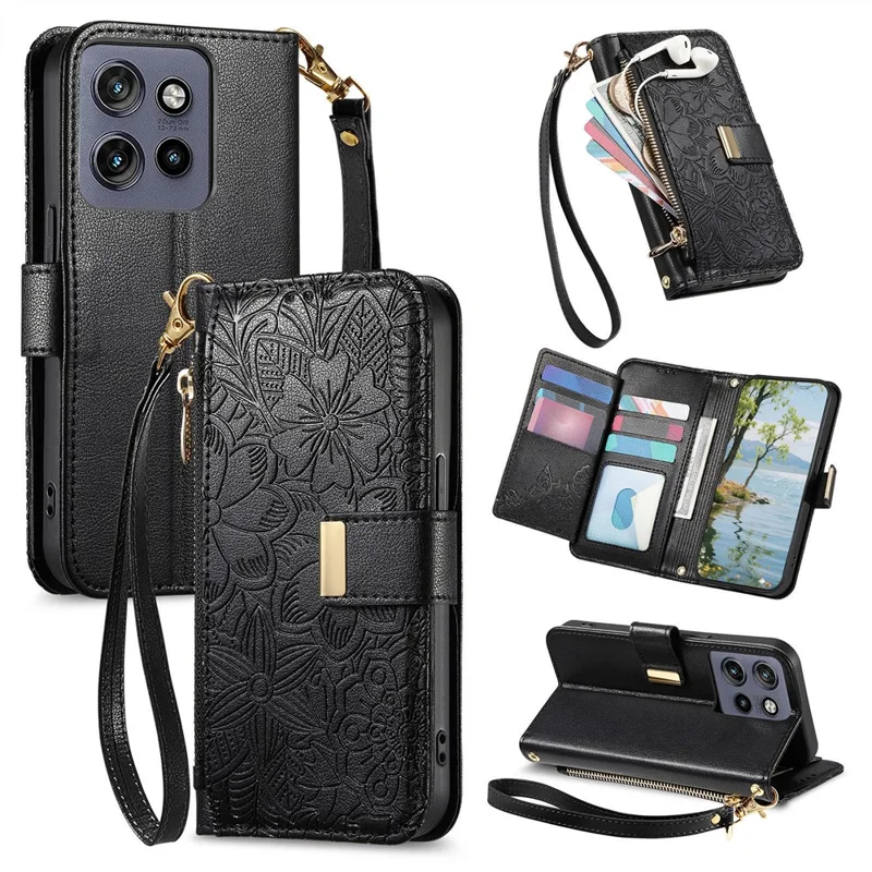 For Motorola Edge 60 Neo 5G Case Floral Leaf Pattern Multi Card Slots Zipper Leather Phone Cover with Wrist Strap - Black