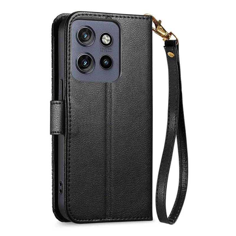 For Motorola Edge 60 Neo 5G Case Floral Leaf Pattern Multi Card Slots Zipper Leather Phone Cover with Wrist Strap - Black