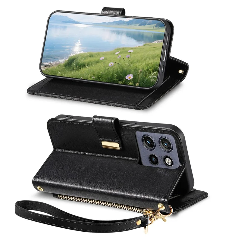 For Motorola Edge 60 Neo 5G Case Floral Leaf Pattern Multi Card Slots Zipper Leather Phone Cover with Wrist Strap - Black