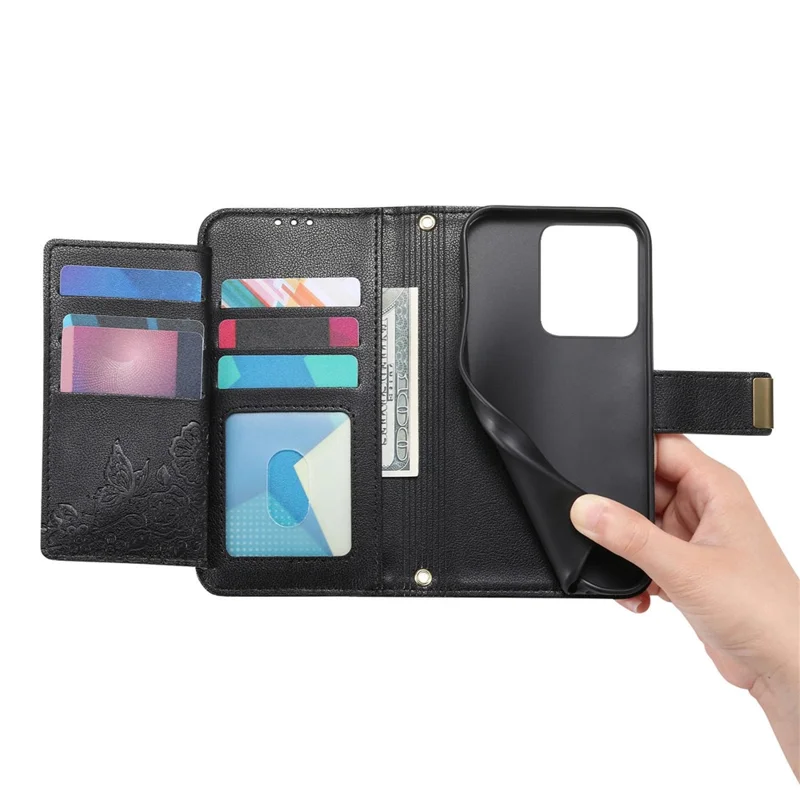 For Motorola Edge 60 Neo 5G Case Floral Leaf Pattern Multi Card Slots Zipper Leather Phone Cover with Wrist Strap - Black