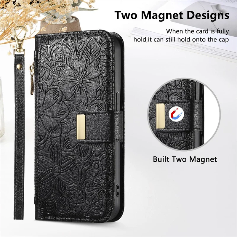 For Motorola Edge 60 Neo 5G Case Floral Leaf Pattern Multi Card Slots Zipper Leather Phone Cover with Wrist Strap - Black