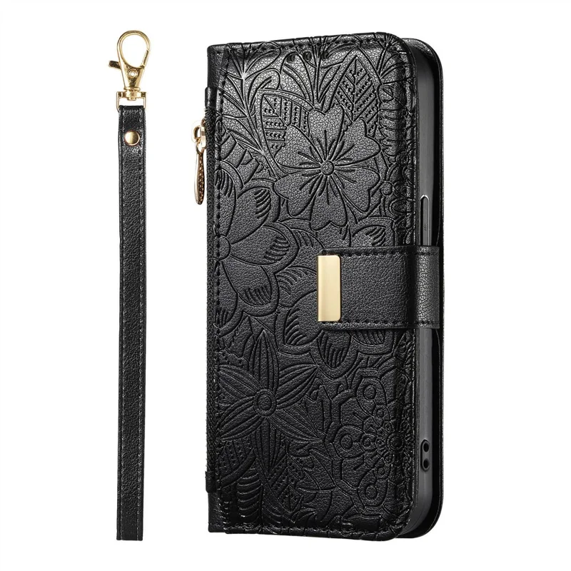 For Motorola Edge 60 Neo 5G Case Floral Leaf Pattern Multi Card Slots Zipper Leather Phone Cover with Wrist Strap - Black