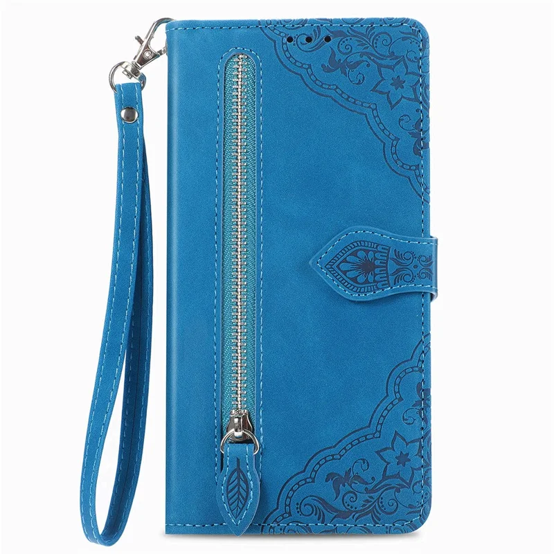 For Motorola Edge 60 Neo 5G Zipper Wallet Case with Strap Flower Imprint PU Leather Phone Cover - Blue