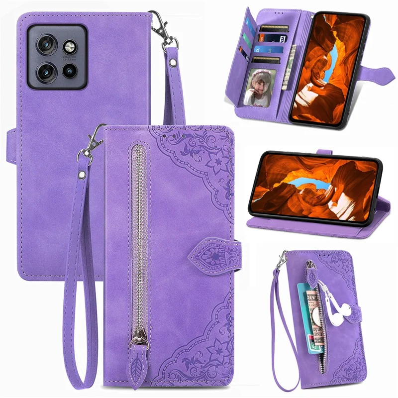 For Motorola Edge 60 Neo 5G Zipper Wallet Case with Strap Flower Imprint PU Leather Phone Cover - Purple