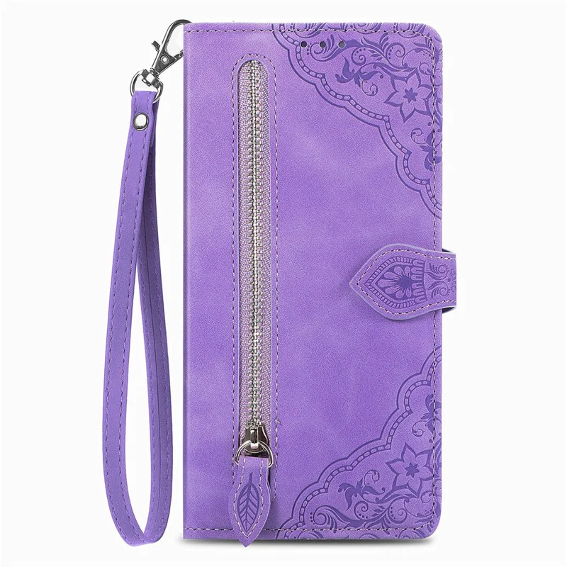 For Motorola Edge 60 Neo 5G Zipper Wallet Case with Strap Flower Imprint PU Leather Phone Cover - Purple