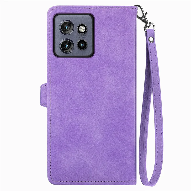 For Motorola Edge 60 Neo 5G Zipper Wallet Case with Strap Flower Imprint PU Leather Phone Cover - Purple