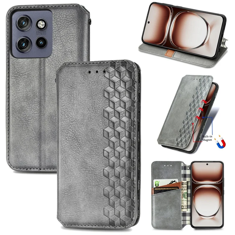 For Motorola Edge 60 Neo 5G Case Rhombus Imprint PU Leather Wallet Phone Cover - Grey
