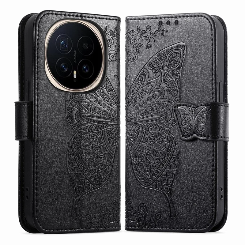 For Honor Magic8 Pro 5G Case with Strap Butterfly Pattern PU Leather Wallet Phone Cover - Black