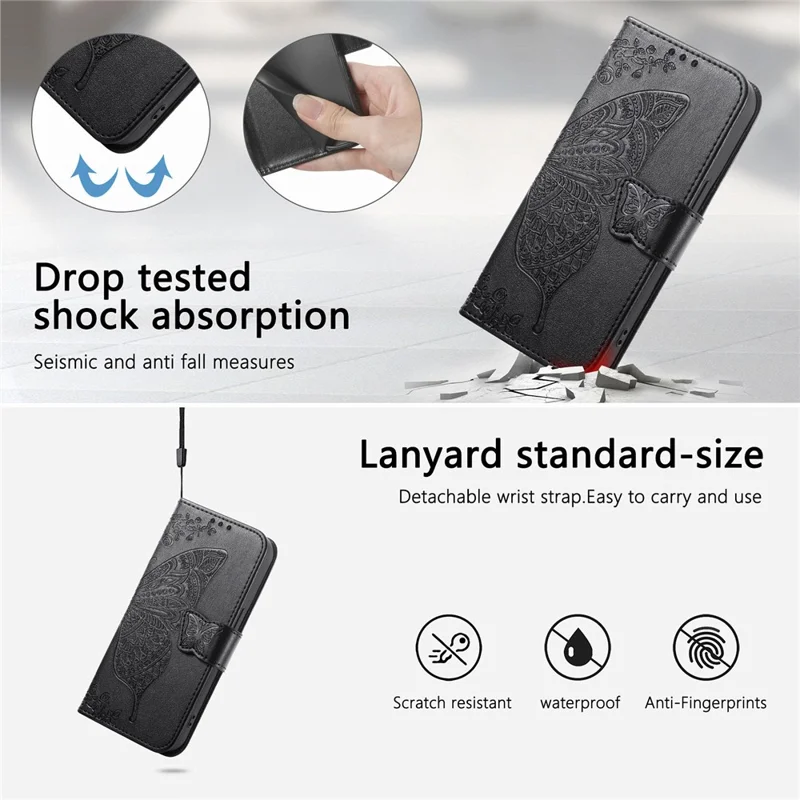 For Honor Magic8 Pro 5G Case with Strap Butterfly Pattern PU Leather Wallet Phone Cover - Black