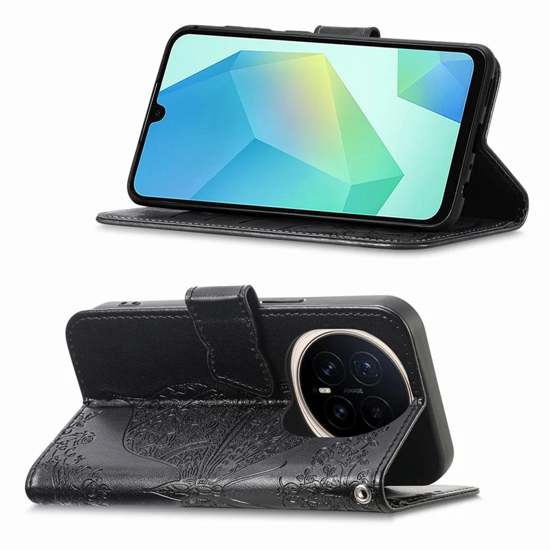 For Honor Magic8 Pro 5G Case with Strap Butterfly Pattern PU Leather Wallet Phone Cover - Black