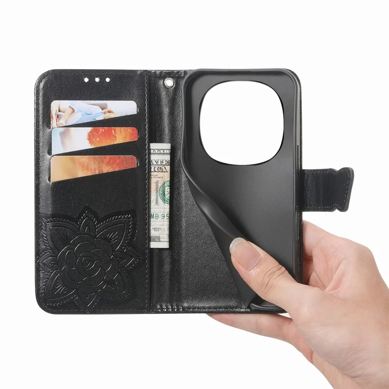 For Honor Magic8 Pro 5G Case with Strap Butterfly Pattern PU Leather Wallet Phone Cover - Black