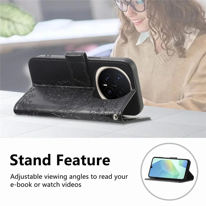 For Honor Magic8 Pro 5G Case with Strap Butterfly Pattern PU Leather Wallet Phone Cover - Black