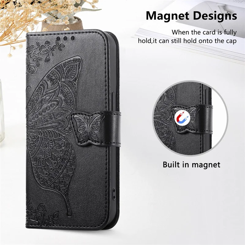 For Honor Magic8 Pro 5G Case with Strap Butterfly Pattern PU Leather Wallet Phone Cover - Black