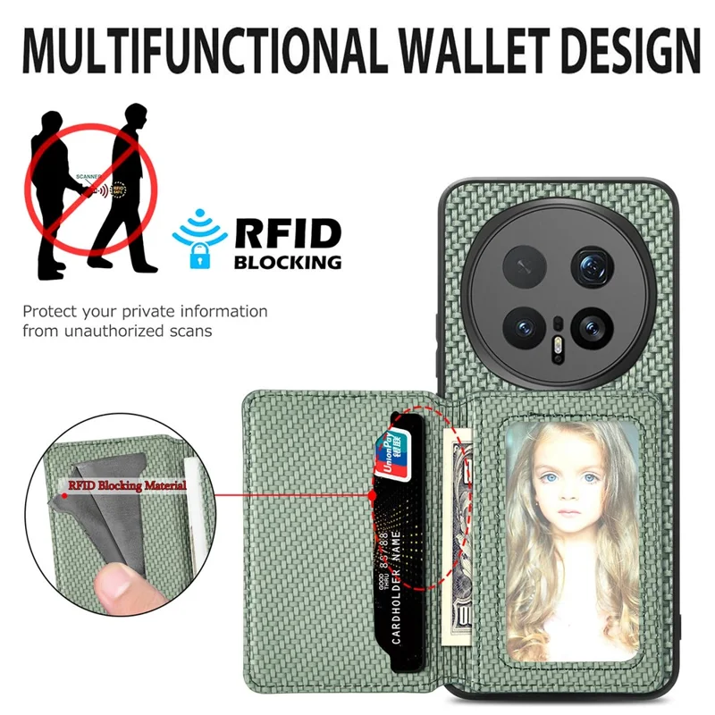 For Honor Magic8 Pro 5G Case RFID Blocking Carbon Fiber Leather Phone Back Cover with Card Holder - Green