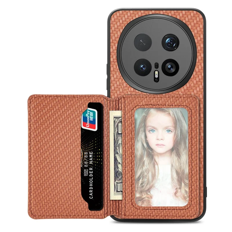 For Honor Magic8 5G Case RFID Blocking Carbon Fiber Leather Phone Back Cover with Card Holder - Brown