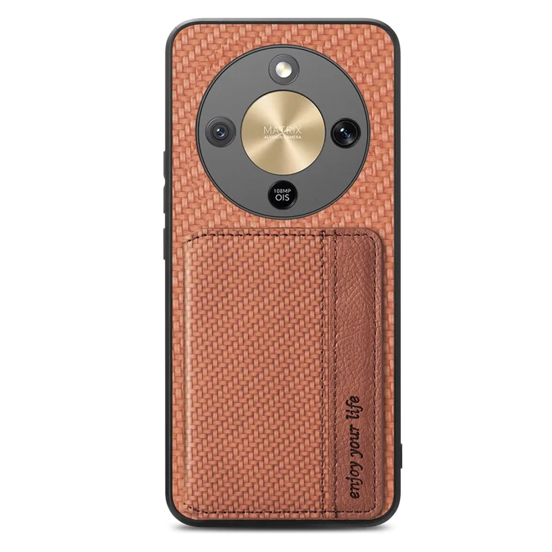 Phone Case For Honor Magic8 Lite 5G  /  X9d 5G  /  X70 5G RFID Blocking Carbon Fiber Leather Phone Back Cover with Card Holder - Brown