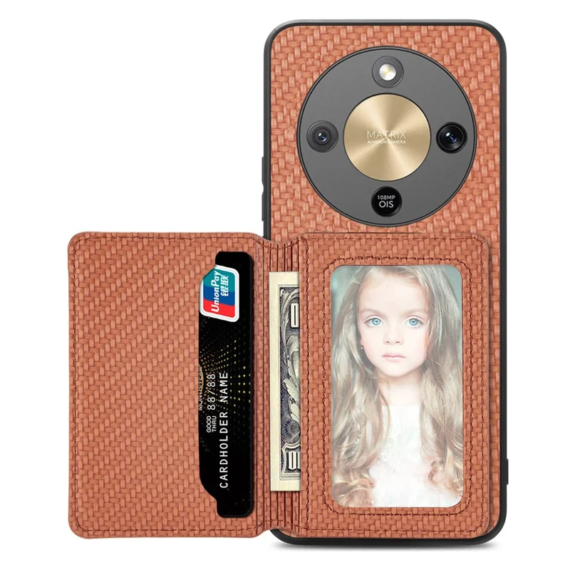 Phone Case For Honor Magic8 Lite 5G  /  X9d 5G  /  X70 5G RFID Blocking Carbon Fiber Leather Phone Back Cover with Card Holder - Brown