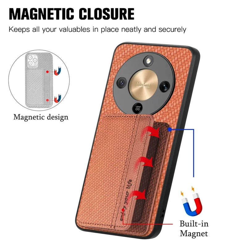 Phone Case For Honor Magic8 Lite 5G  /  X9d 5G  /  X70 5G RFID Blocking Carbon Fiber Leather Phone Back Cover with Card Holder - Brown