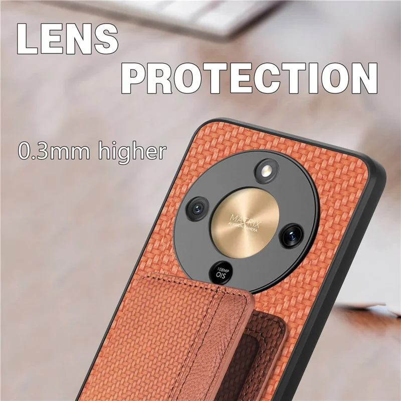 Phone Case For Honor Magic8 Lite 5G  /  X9d 5G  /  X70 5G RFID Blocking Carbon Fiber Leather Phone Back Cover with Card Holder - Brown