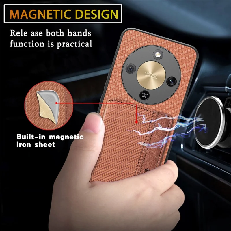 Phone Case For Honor Magic8 Lite 5G  /  X9d 5G  /  X70 5G RFID Blocking Carbon Fiber Leather Phone Back Cover with Card Holder - Brown