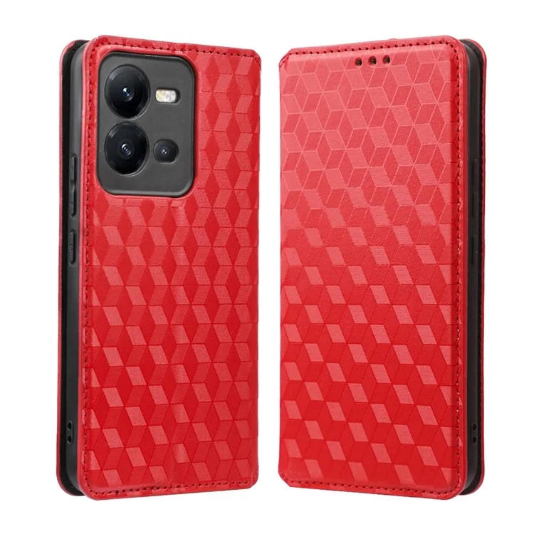 Coperchio Telefonico Per Vivo V25 5G / V25e 4G / X80 Lite 5G Bump Rhombo Pattern Rhombo Magnetic PU Magnetic Pulfullo Portafoglio Portafoglio Portafoglio - Rosso