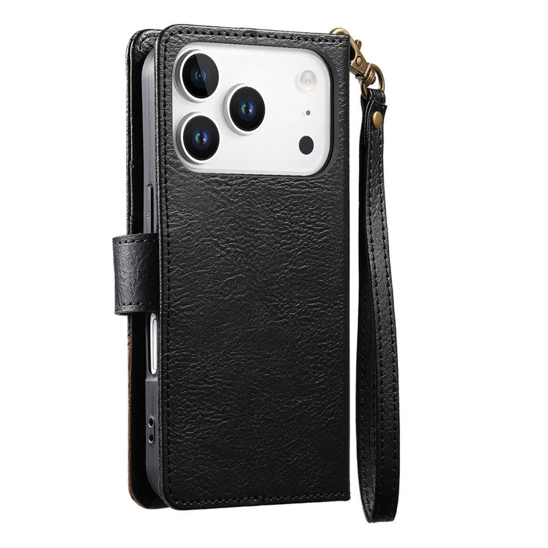 For iPhone 17 Pro Max Case Color Splicing TPU PU Leather Flip Shockproof Phone Cover with Wrist Strap - Black