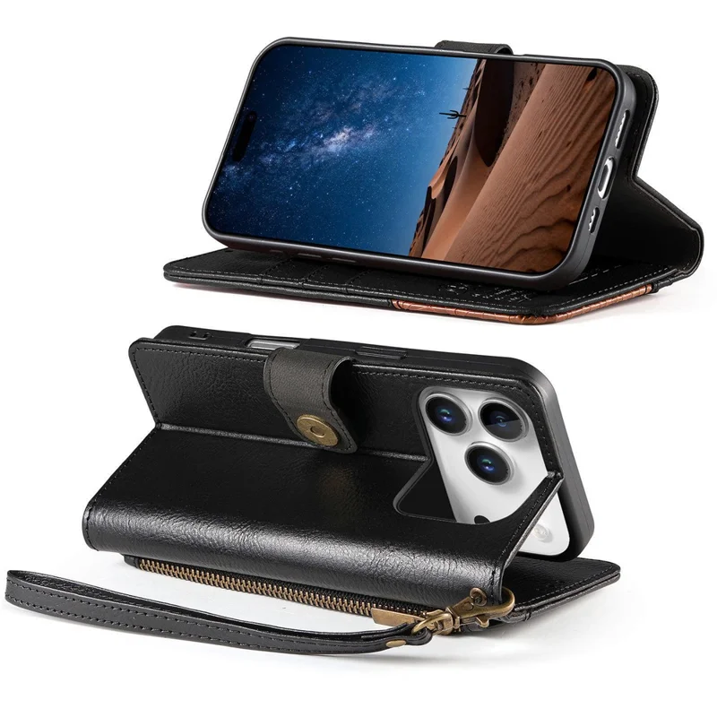 For iPhone 17 Pro Max Case Color Splicing TPU PU Leather Flip Shockproof Phone Cover with Wrist Strap - Black