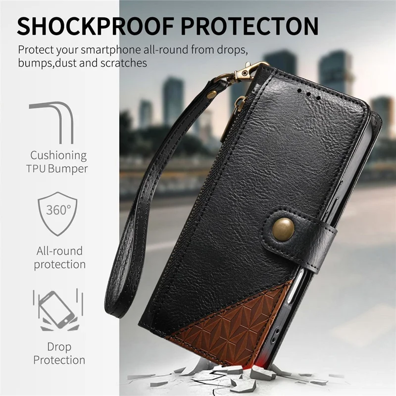 For iPhone 17 Pro Max Case Color Splicing TPU PU Leather Flip Shockproof Phone Cover with Wrist Strap - Black