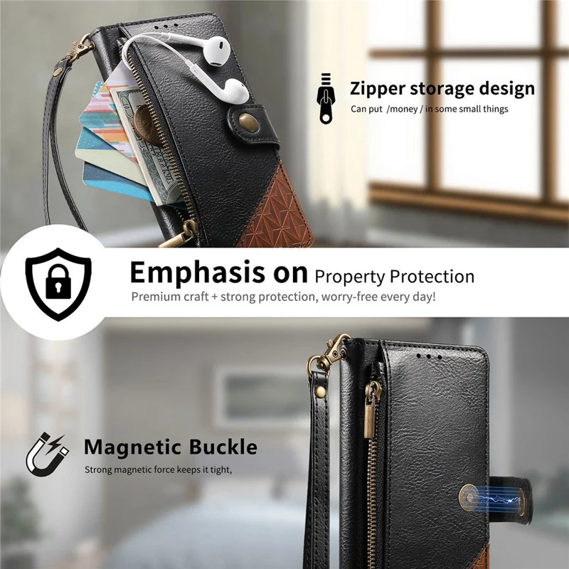 For iPhone 17 Pro Max Case Color Splicing TPU PU Leather Flip Shockproof Phone Cover with Wrist Strap - Black