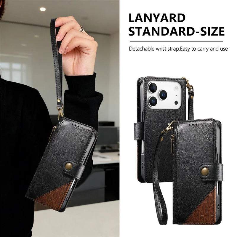 For iPhone 17 Pro Max Case Color Splicing TPU PU Leather Flip Shockproof Phone Cover with Wrist Strap - Black