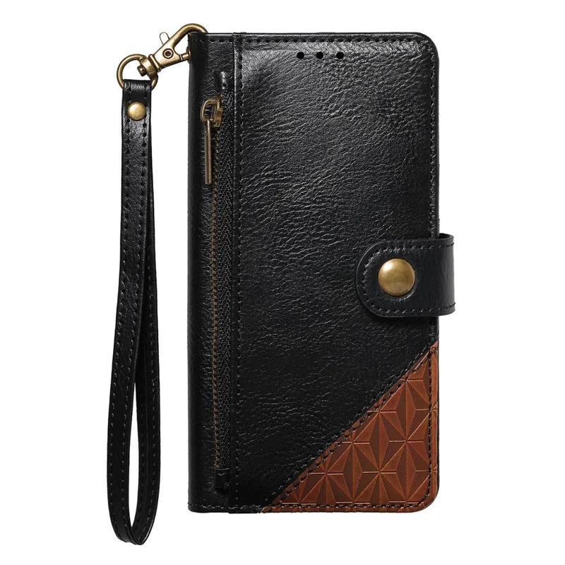 For iPhone 17 Pro Case Color Splicing TPU PU Leather Flip Shockproof Phone Cover with Wrist Strap - Black